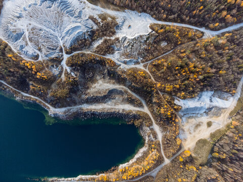 The autumn forest and lakes from above. The Ruskeala Park view from the drone