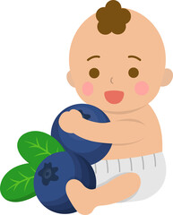 Cute baby with healthy blueberry, comic cartoon vector character