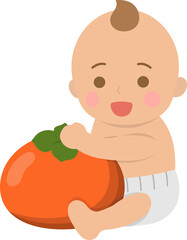 Cute baby with healthy persimmon, comic cartoon vector character