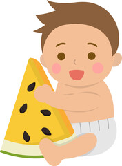 Cute baby with healthy watermelon, comic cartoon vector character