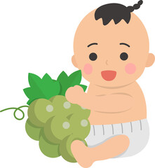 Cute baby with healthy grapes, comic cartoon vector character