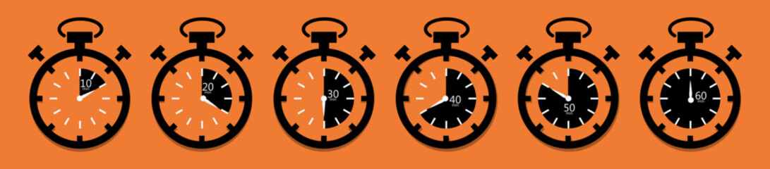 Timer and clock icon set. Time symbol flat icon. Stopwatch, timer, hourglass, Fast time icon.