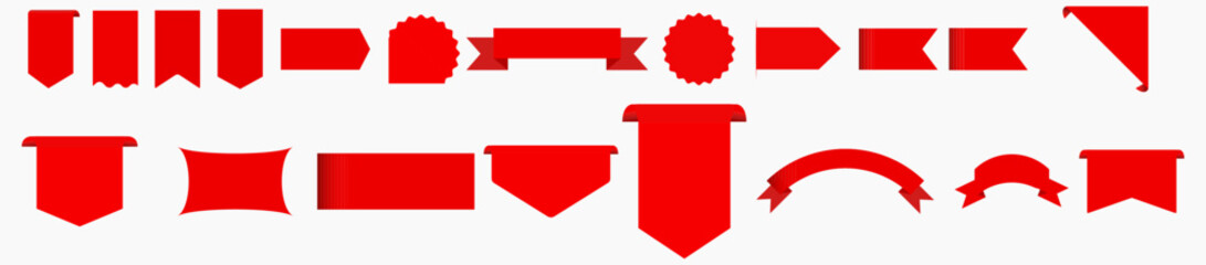 Tags red set. Sale and new label set. Red scrolls, banners isolated collection. Discount red ribbons