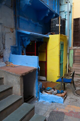 Jodhpur, Rajasthan, India - October 21st, 2019 : Traditional Blue coloured house. Historically, Hindu Brahmins used to paint their houses in blue for being upper caste, the tradition follows.