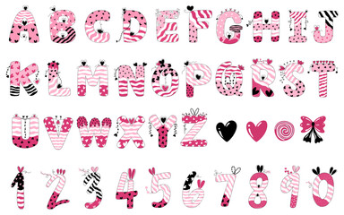 Vector collection Valentines alphabet design in pink tones. On a white background for Valentine's Day theme decorations, card design, stickers, digital prints, bag patterns, scrapbook and more.