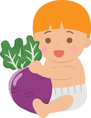Cute baby with healthy radish, comic cartoon vector character