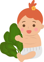Cute baby with healthy spinach, comic cartoon vector character