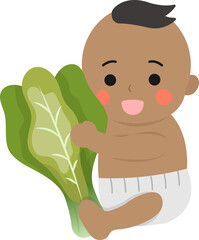 Cute baby with healthy cabbage or lettuce, comic cartoon vector character