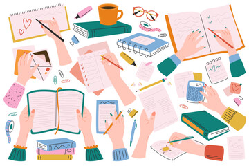 Hands are painted flat icons set. Education tools. Books, calculator, letter, notebook, glasses and coffee cup