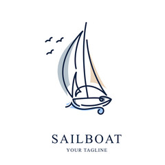 Simple Sailboat dhow boat ship on Sea Ocean Wave with line art style logo design