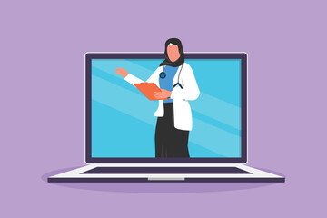 Cartoon flat style drawing Arabian female doctor comes out of laptop computer screen holding clipboard. Online medical app service. Digital healthcare consultation. Graphic design vector illustration