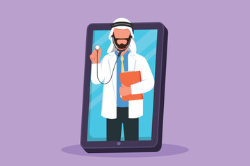 Graphic flat design drawing Arab male doctor comes out of smartphone screen holding stethoscope. Online medical app services. Digital healthcare consultation concept. Cartoon style vector illustration