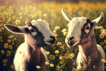 Two cute young goats playing with flowers in a field. animal farm. Generative AI