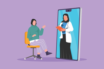 Graphic flat design drawing Arabian female doctor comes out of smartphone holding clipboard and checking condition of female patient sitting on chair. Online medical. Cartoon style vector illustration