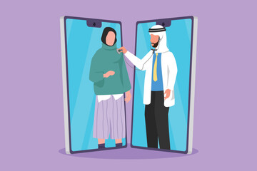 Character flat drawing two smartphones facing each other with Arabian male doctor checking heart rate of female patient using stethoscope. Online doctor medical app. Cartoon design vector illustration