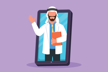Cartoon flat style drawing Arab male doctor comes out of smartphone screen holding clipboard. Online medical app services. Digital healthcare consultation metaphor. Graphic design vector illustration