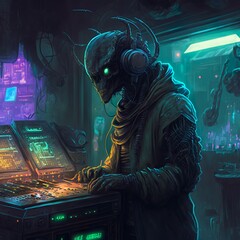 Fototapeta na wymiar Cyberpunk Astronaut DJing in a Spaceship Alien. Generative AI