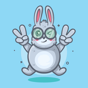 cute rabbit animal character mascot with peace sign hand gesture isolated cartoon in flat style design