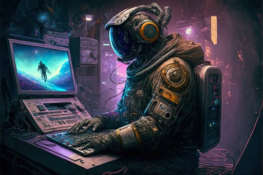 Cyberpunk Astronaut DJing in a Spaceship Alien. Generative AI