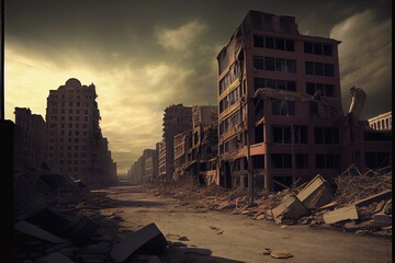 Destroyed city, destruction, end of the world, ruins cityscape future lost barren wasteland, generative ai