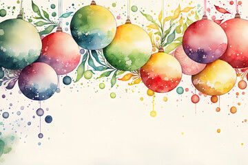 Fototapeta na wymiar An illustration of a banner made of Christmas balls in watercolor with a plain background for the new year and Christmas decorations. Generative AI
