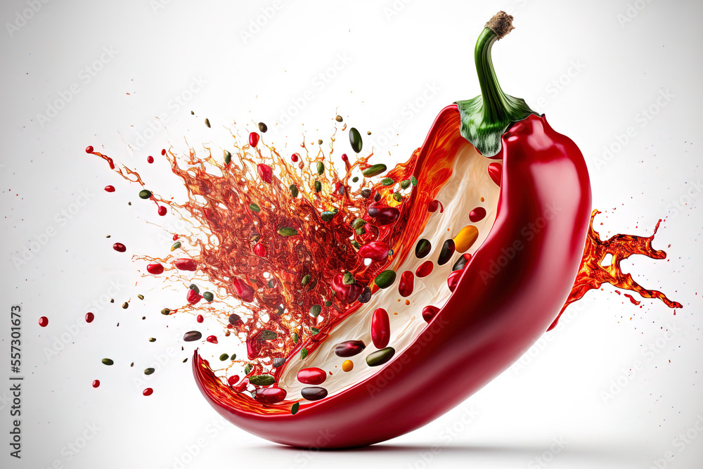 Poster in the air are cross sections of a fresh red chili pepper with flying seeds. a backdrop of white. th
