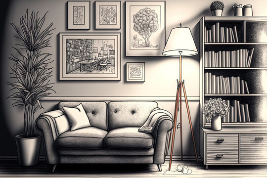 Sofa and chair in the living room. Drawing of a comfortable living room interior with a sofa and cushions, a chair, a floor lamp, a shelf with books, a carpet, and photos on the wall. Generative AI