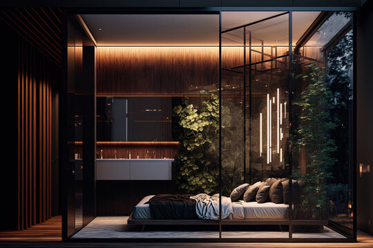 Behind a glass barrier in a stylish, pricey interior of a luxury property with a dark, modern style, wood trim, and led light are a bedroom and a freestanding bath. Generative AI