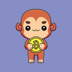 cute monkey holding bitcoin cartoon mascot doodle art hand drawn outline concept vector kawaii icon illustration