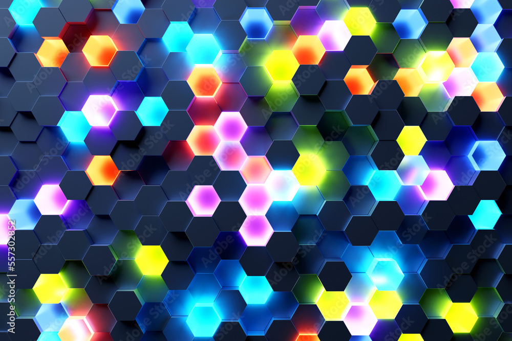 Poster abstract hexagonal background with depth of field effect, 3d illustration. a large number of multi-c