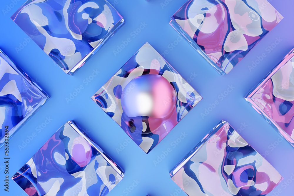 Poster 3d illustration of rows of transparent squares under white lights.set of cubes on monocrome backgrou