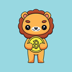 cute lion holding bitcoin cartoon mascot doodle art hand drawn outline concept vector kawaii icon illustration