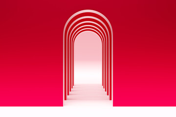 3D rendering. Beautiful geometric arch, gate, portal. Abstract geometric arch on a  red background. Round hole, entrance to the wall with a red screen.