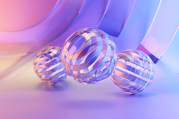 3D illustration of a    pink  metal   balls  with many faces on a  pink  background.  Cyber ball sphere
