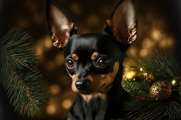 Russian toy terrier dog. Christmas. Generative AI
