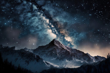 Plakat Starry night sky with a high mountain and the Milky Way galaxy filled with stars and cosmic dust. Generative AI