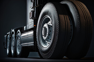 large semi truck wheels and tires on a dark background. truck tires, rubber. trucks that haul freight. Generative AI
