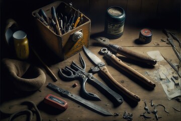 Fototapeta premium A set of old used tools placed over a wood table in the garage