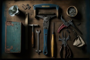 Fototapeta premium A set of old used tools placed over a wood table in the garage