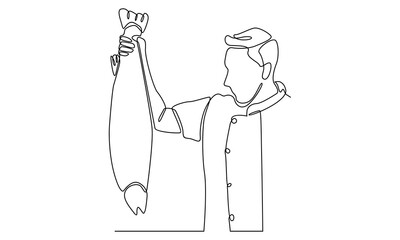 continuous line of chef holding a big fish