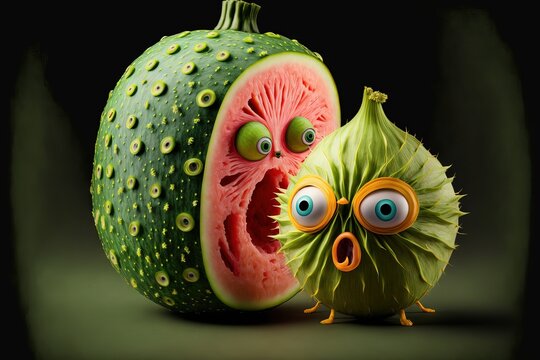 Two fruits of vegetables arguing through a heated discussion, with very expressive faces, and fun style