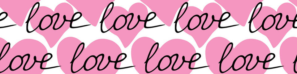 Vector pink seamless pattern with pink hearts and inscriptions - love. Romantic background texture for greeting card, holiday, Valentine's day, wedding, declaration of feelings