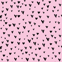 Vector pink Seamless abstract pattern of small black hearts. Hand drawn doodle background, texture for textile, wrapping paper, Valentines day.