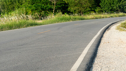 Curving path leading forward of the asphalt road.  Beside of nature of green grass and trees.