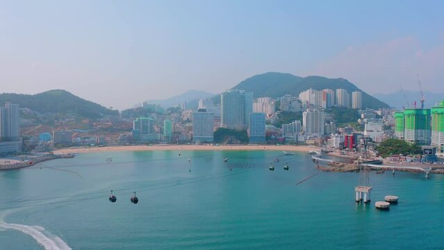 [korea drone footage] Busan city landscape, Songdo, beach, Cable car