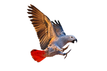 African gray parrot flying isolated on transparent background.	