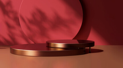 Two layer shiny steel gold round podium on brown table counter in dappled sunlight; leaf shadow on maroon red wall background for luxury beauty; cosmetic product display backdrop