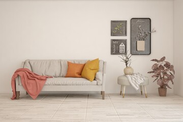 White living room with sofa. Scandinavian interior design. 3D illustration