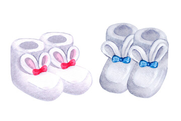 Newborn boy and girl set with pink and blue booties. Hand drawn watercolor illustration isolated on white background. For baby shower or gender party