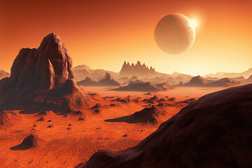 A realistic science fiction Mars planet environment features an orange degraded desert with mountains and a bright sun. Generative AI